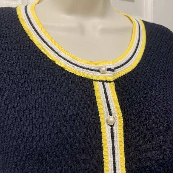 Talbots Navy Blue Cardigan Yellow Trim Pearl Button Front Sweater SZ M - Picture 2 of 7